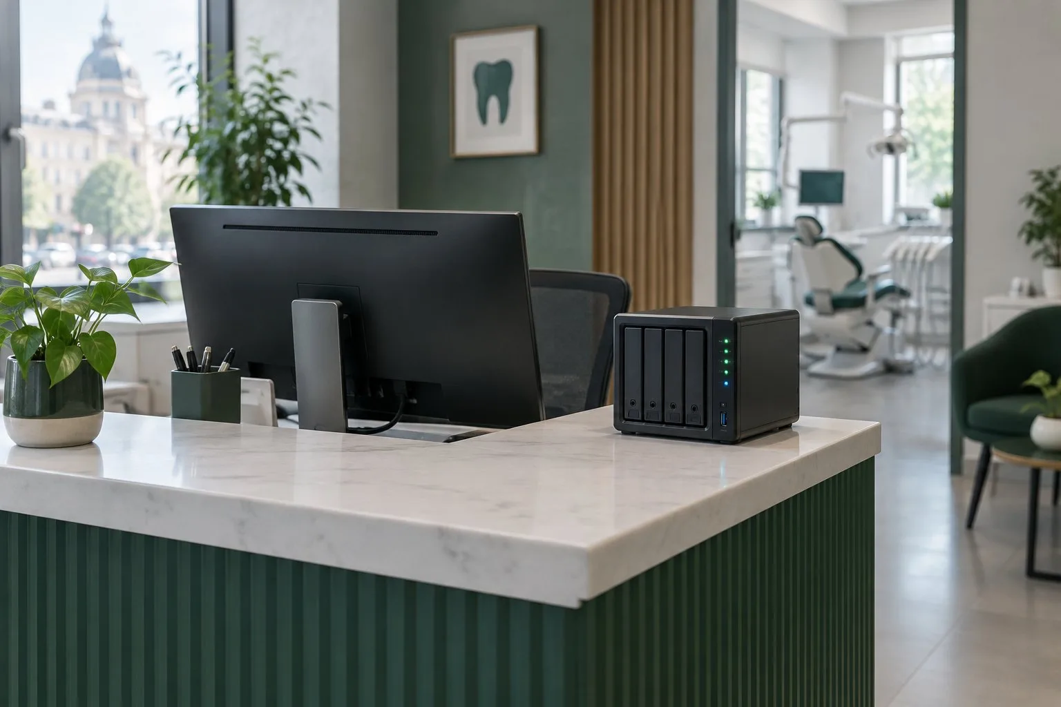 Recepția unui cabinet stomatologic cu un NAS pentru backup pe birou, lângă monitor