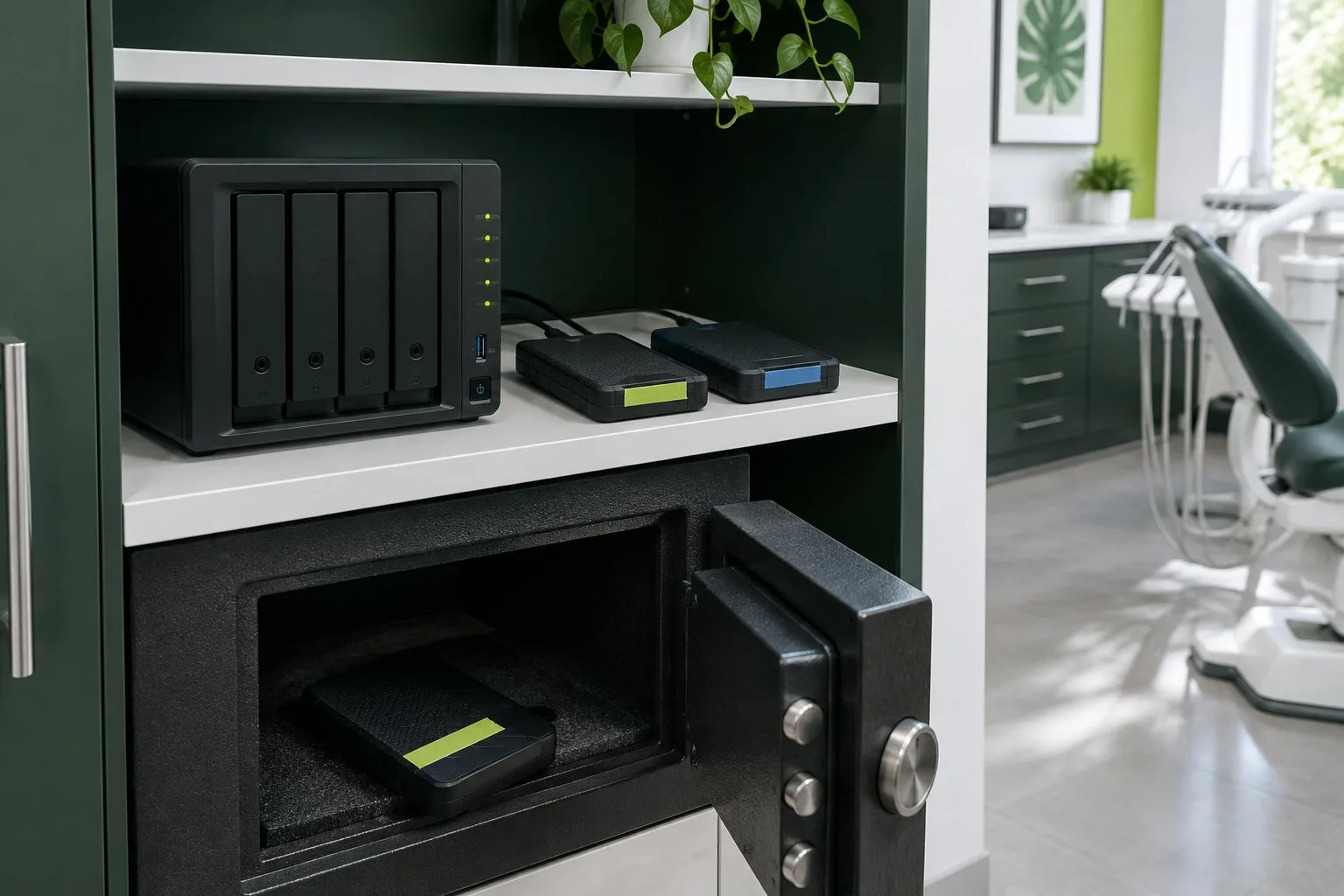 NAS și discuri externe de backup într-un dulap, cu un disc păstrat separat într-un seif